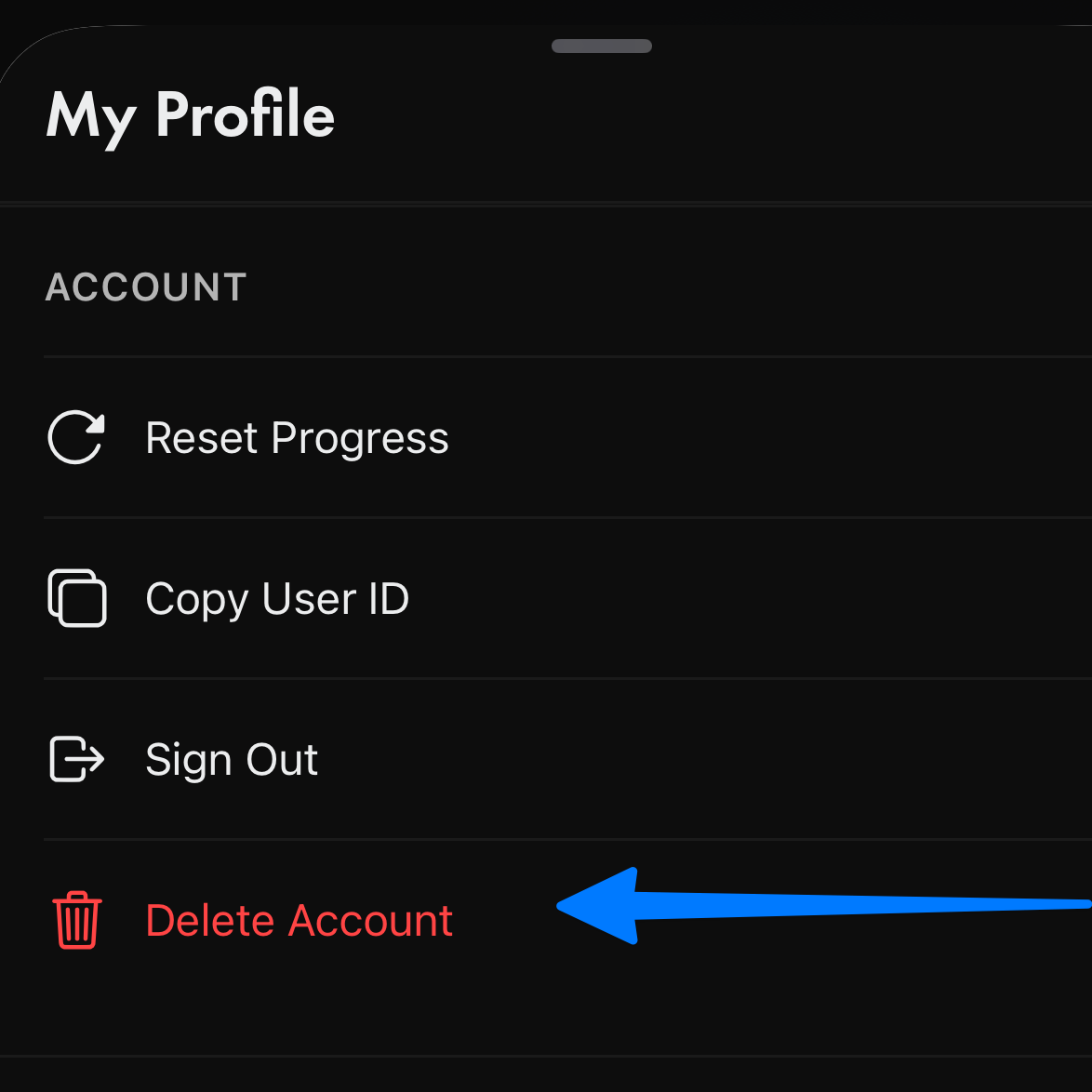 Pantalla de perfil que muestra el botón Delete Account