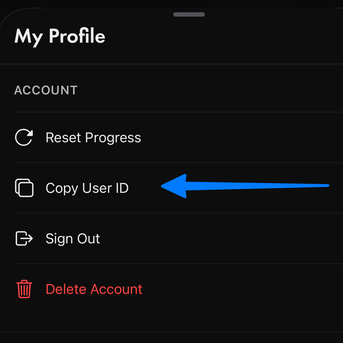 Pantalla de perfil que muestra el botón Copy User ID